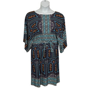 Women's lg blue multi colored wide short sleeve elastic belted waist short dress